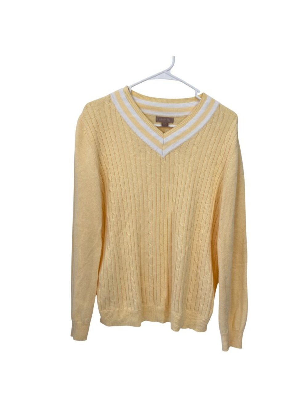 White Stag Y2K Yellow Cable Knit Sweater Top With White Striped V-Neck Womens L